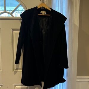 Michael Kors Elegant Black Women's Pea Coat with Hood and Gold Accents